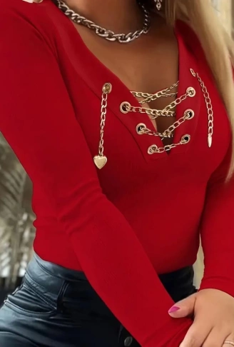 Kadın Uzun Kollu V çapraz Zincir Detaylı Kaşkorse Bluz