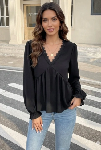 Kadın Uzun Kollu V Dantel Yaka Aerobin Bluz