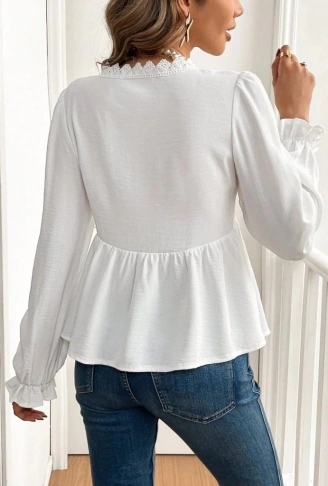 Kadın Uzun Kollu V Dantel Yaka Aerobin Bluz