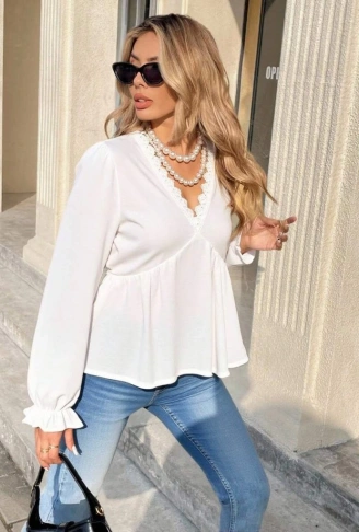 Kadın Uzun Kollu V Dantel Yaka Aerobin Bluz