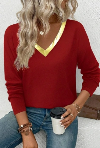 Kadın Uzun Kollu V Parlak Yaka Detaylı Viskon Bluz