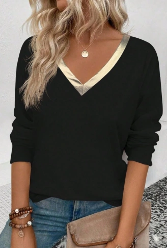 Kadın Uzun Kollu V Parlak Yaka Detaylı Viskon Bluz