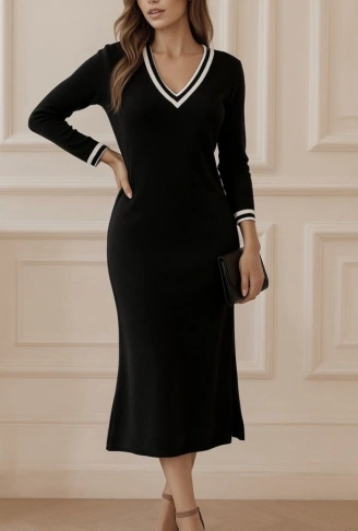 Kadın Uzun Kollu V Ribana Yakalı Yanlardan Yırtmaçlı Midi Viskon Iki Iplik Elbise