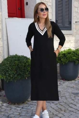 Kadın Uzun Kollu V şerit Yakalı Viskon Iki Iplik Elbise