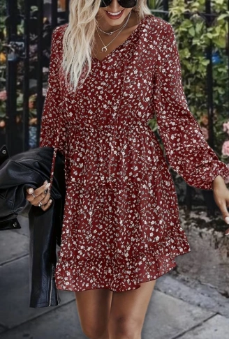 Kadın Uzun Kollu V Yaka Bağcıklı Belden Gipeli çiçek Baskılı Kısa Süprem Elbise