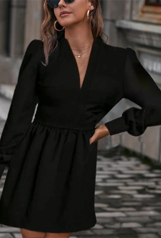 Kadın Uzun Kollu V Yaka Belden Hafif Pileli Scuba Krep Mini Boy Elbise