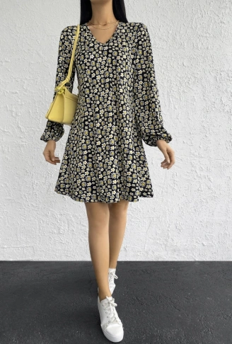 Kadın Uzun Kollu V Yaka çiçek Desenli Helen Kumaş Elbise