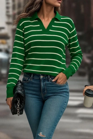 Kadın Uzun Kollu V Yaka çizgili Triko Bluz