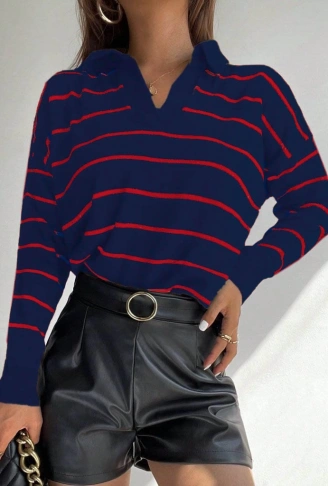 Kadın Uzun Kollu V Yaka çizgili Triko Bluz