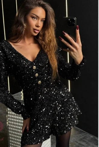 Kadın Uzun Kollu V Yaka Düğme Detay Ful Pul Payet Elbise