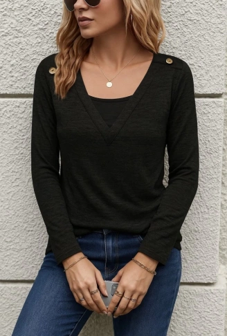 Kadın Uzun Kollu V Yaka Düğme Detaylı Yumoş Bluz