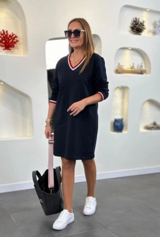 Kadın Uzun Kollu V Yaka Kol Ağzı Ve Yaka Ribana Detaylı Iki Iplik Mini Boy Elbise