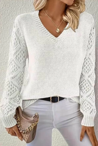 Kadın Uzun Kollu V Yaka Kol Delikli Baklava Desen Detaylı Triko Kazak