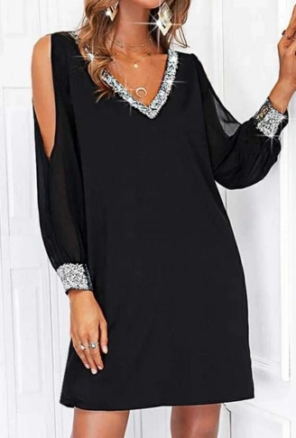 Kadın Uzun Kollu V Yaka Kollar Tül Yırtmaç Detay Kol Manşetleri Ve Yaka Payet Krep Elbise