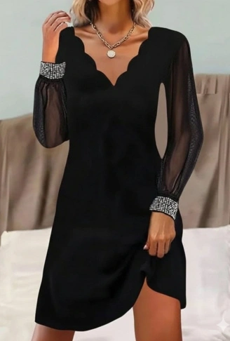 Kadın Uzun Kollu V Yaka Lazer Kesimli Tül Detaylı Mini Ithal Krep Elbise