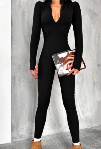 Kadın Uzun Kollu V Yaka Parmak Geçirmeli Detay Kaşkorse Tulum