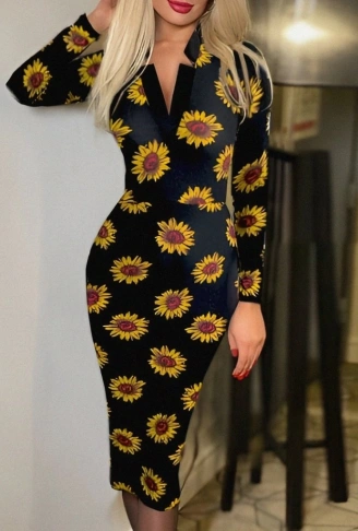 Kadın Uzun Kollu V Yaka Puantiyeli Krep Midi Boy Elbise