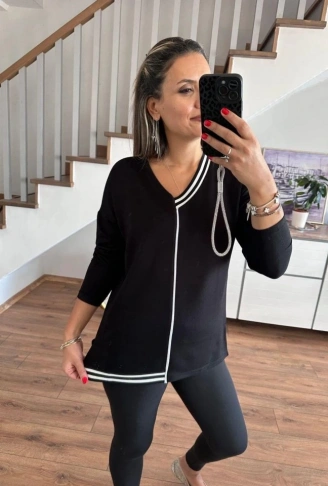 Kadın Uzun Kollu V Yaka Ribana Detay Kristal Kumaş Bluz