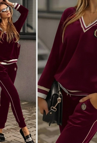 Kadın Uzun Kollu V Yaka Yakası Ve Kol Ağzı şerit Detay Kadife Takım