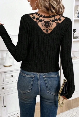 Kadın Uzun Kollu V Yakalı Arkadan Dantel Detaylı şardonlu Kaşkorse Bluz