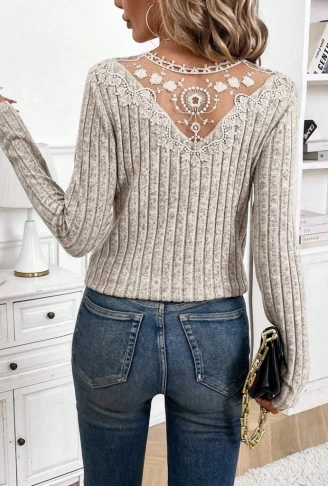 Kadın Uzun Kollu V Yakalı Arkadan Dantel Detaylı şardonlu Kaşkorse Bluz