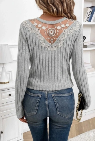Kadın Uzun Kollu V Yakalı Arkadan Dantel Detaylı şardonlu Kaşkorse Bluz