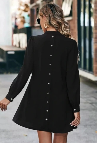 Kadın Uzun Kollu V Yakalı Arkadan Düğmeli Mini Ithal Krep Elbise