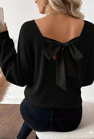 Kadın Uzun Kollu V Yakalı Arkadan Kurdela Detaylı şardonlu Kaşkorse Bluz