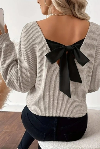 Kadın Uzun Kollu V Yakalı Arkadan Kurdela Detaylı şardonlu Kaşkorse Bluz