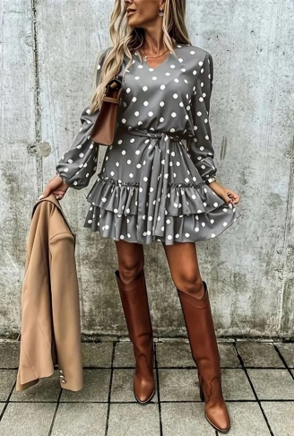 Kadın Uzun Kollu V Yakalı Belden Kuşaklı Puantiyeli Mini Modal Elbise