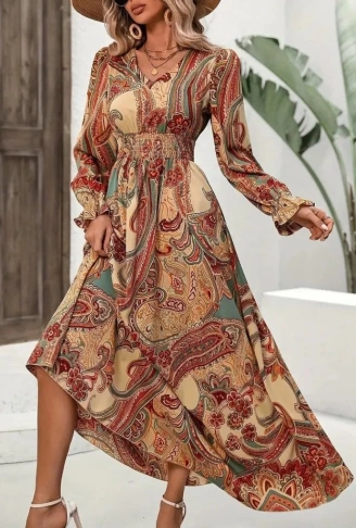 Kadın Uzun Kollu V Yakalı Beli Lastikli Desenli Süprem Elbise