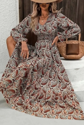 Kadın Uzun Kollu V Yakalı Beli Lastikli Desenli Süprem Elbise