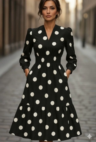 Kadın Uzun Kollu V Yakalı Beli Lastikli Puantiyeli Uzun Krep Elbise