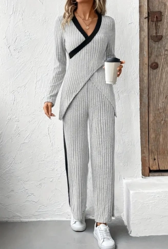 Kadın Uzun Kollu V Yakalı çapraz Detaylı şardonlu Kaşkorse Bluz Ve Pantolon Ikili Takım