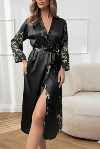 Kadın Uzun Kollu V Yakalı çiçek Baskılı Belden Kuşaklı Midi Saten Gecelik
