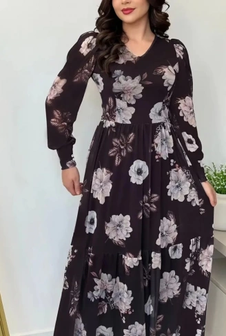 Kadın Uzun Kollu V Yakalı çiçek Desenli Maxi Süprem Elbise
