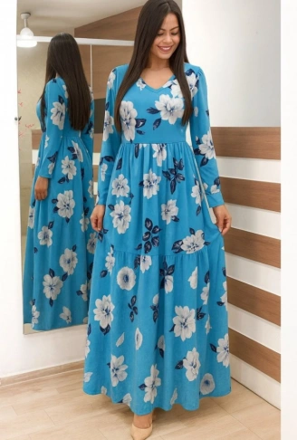 Kadın Uzun Kollu V Yakalı çiçek Desenli Maxi Süprem Elbise