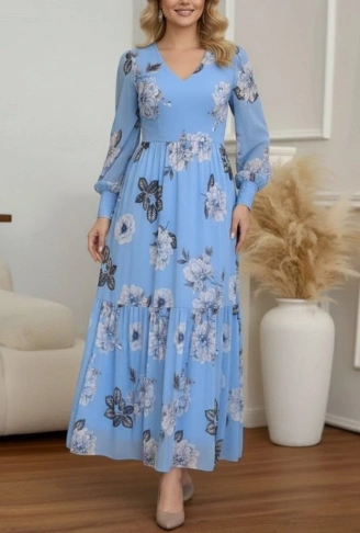 Kadın Uzun Kollu V Yakalı çiçek Desenli Maxi Süprem Elbise