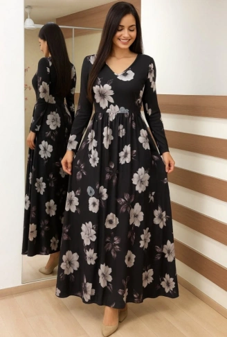 Kadın Uzun Kollu V Yakalı çiçek Desenli Maxi Süprem Elbise