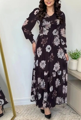 Kadın Uzun Kollu V Yakalı çiçek Desenli Maxi Süprem Elbise