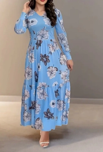 Kadın Uzun Kollu V Yakalı çiçek Desenli Maxi Süprem Elbise