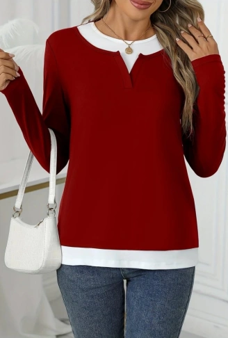 Kadın Uzun Kollu V Yakalı çift Renkli Viskon Iki Iplik Bluz