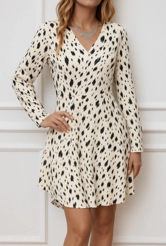 Kadın Uzun Kollu V Yakalı Desenli Kısa Keten Elbise