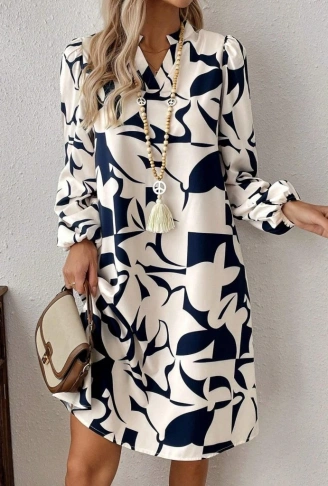 Kadın Uzun Kollu V Yakalı Desenli Modal Mini Elbise