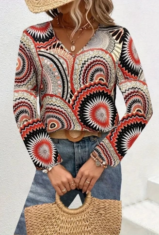 Kadın Uzun Kollu V Yakalı Desenli Süprem Bluz