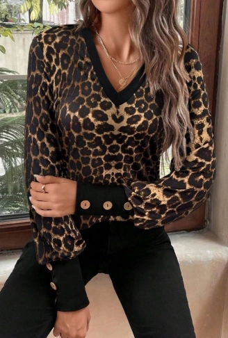 Kadın Uzun Kollu V Yakalı Desenli Süprem Bluz