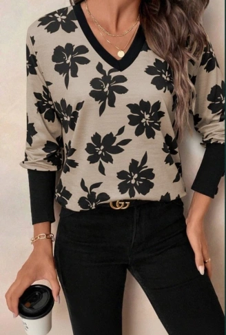 Kadın Uzun Kollu V Yakalı Desenli Süprem Bluz