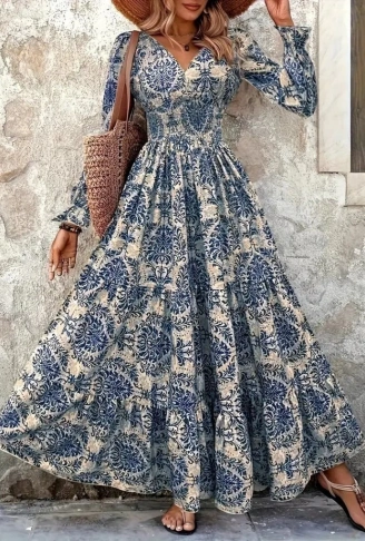 Kadın Uzun Kollu V Yakalı Desenli Süprem Elbise