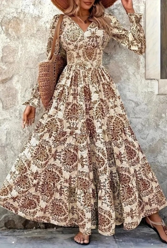 Kadın Uzun Kollu V Yakalı Desenli Süprem Elbise