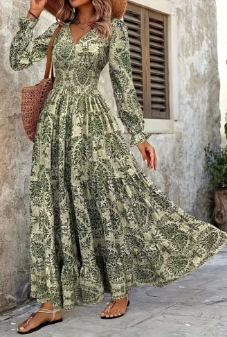 Kadın Uzun Kollu V Yakalı Desenli Süprem Elbise